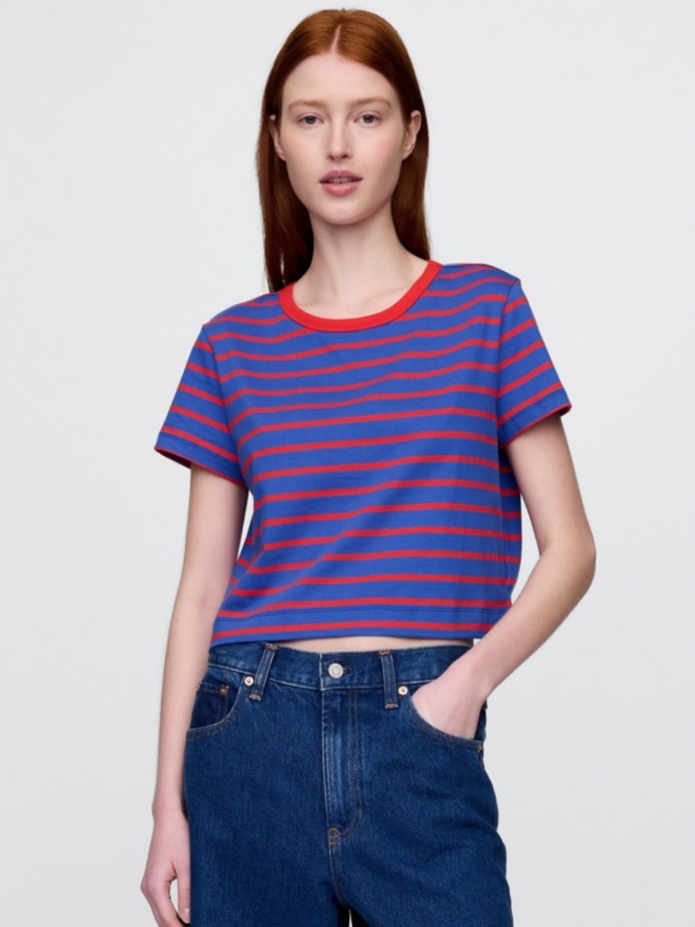 Gap Blue & Red Cotton VintageSoft Cropped Striped T-Shirt Short Sleeve, Size L